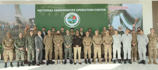 02-02-2024, Islamabad: Group Photo of Chairman NDMA Lt Gen Inam Haider Malik with NDU delegation during their visit to National Emergencies Operation Center (NEOC) at NDMA HQs